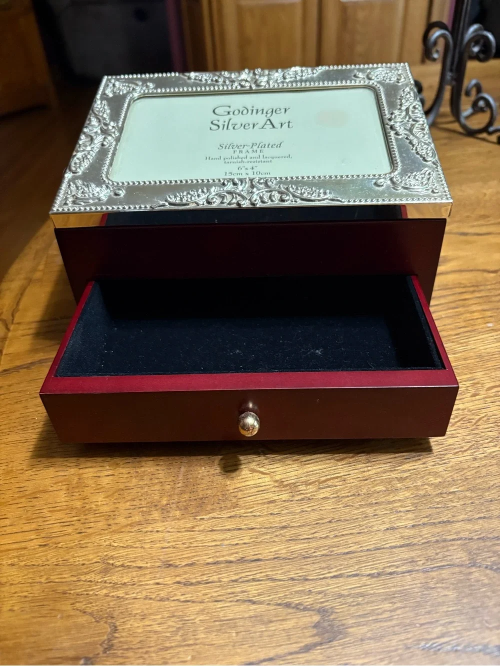 Godinger Silver-Plated Ornate Jewelry Box with Brown Wood Base